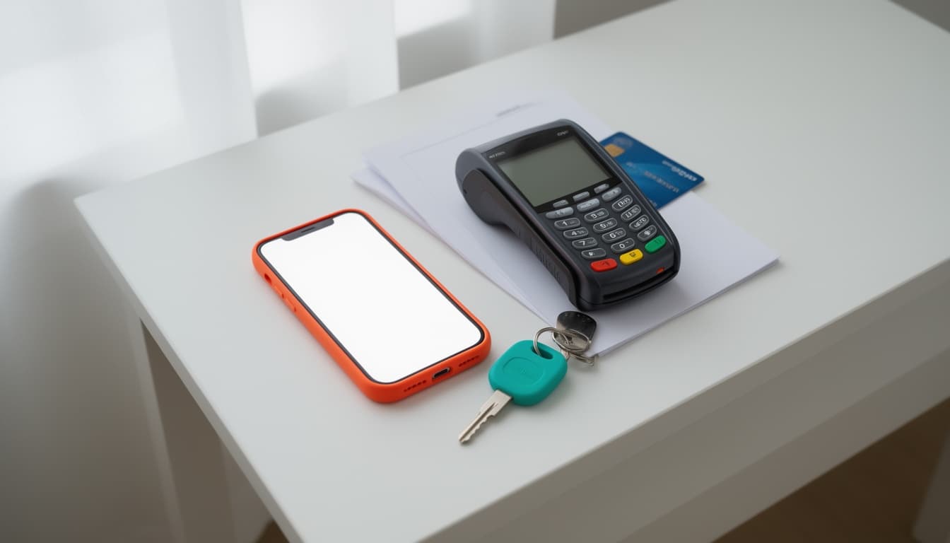 Celular, maquininha de cartão e chave de carro sobre bancada branca, representando a decisão de financiar um veículo