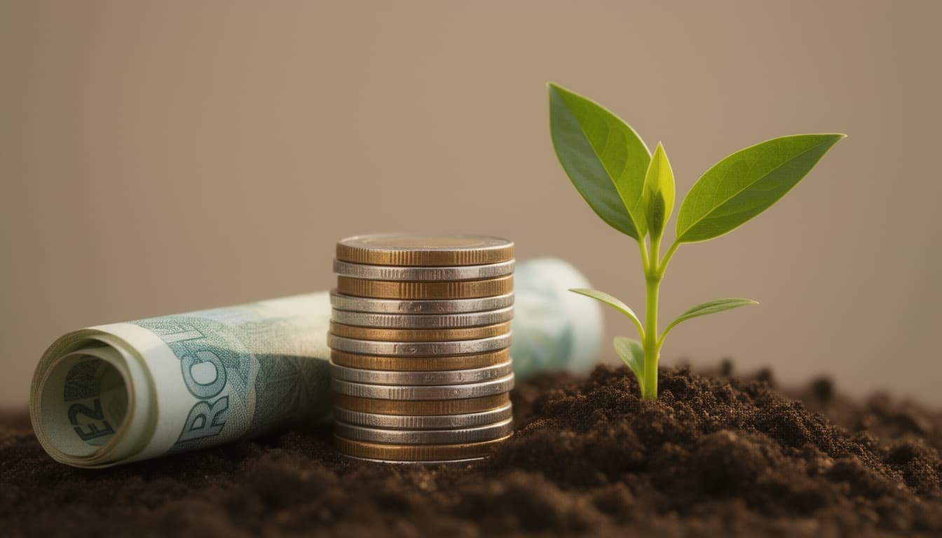 Moedas empilhadas e uma nota ao lado de uma pequena planta verde, simbolizando crescimento do dinheiro com o tempo.