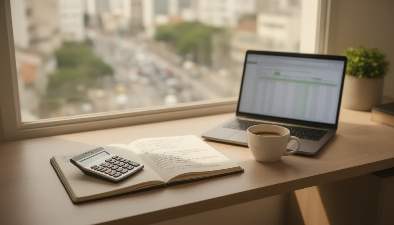Escritório doméstico moderno com caderno de anotações, calculadora financeira e notebook sobre a mesa, simbolizando o planejamento previdenciário e financeiro no contexto da economia brasileira.