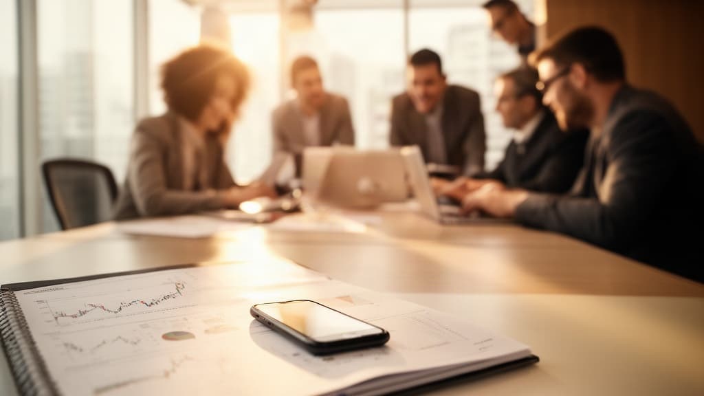 Profissionais em um ambiente corporativo moderno e acolhedor, com luz natural, trabalhando colaborativamente ao fundo, enquanto no primeiro plano há um caderno e um smartphone sobre uma mesa, simbolizando planejamento de carreira e economia.