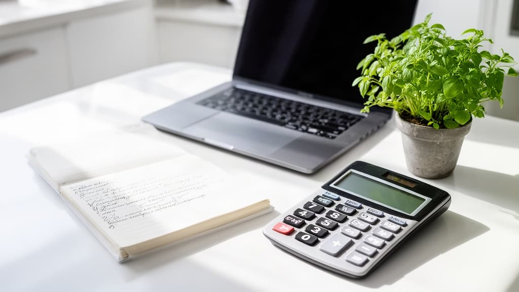 Mesa de cozinha organizada com caderno de anotações e calculadora em iluminação natural, simbolizando planejamento financeiro pessoal.