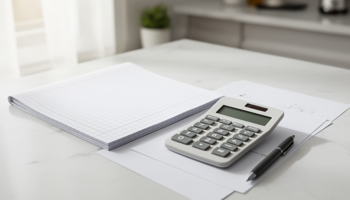 Mesa de cozinha organizada com caderno de anotações e calculadora sob luz natural