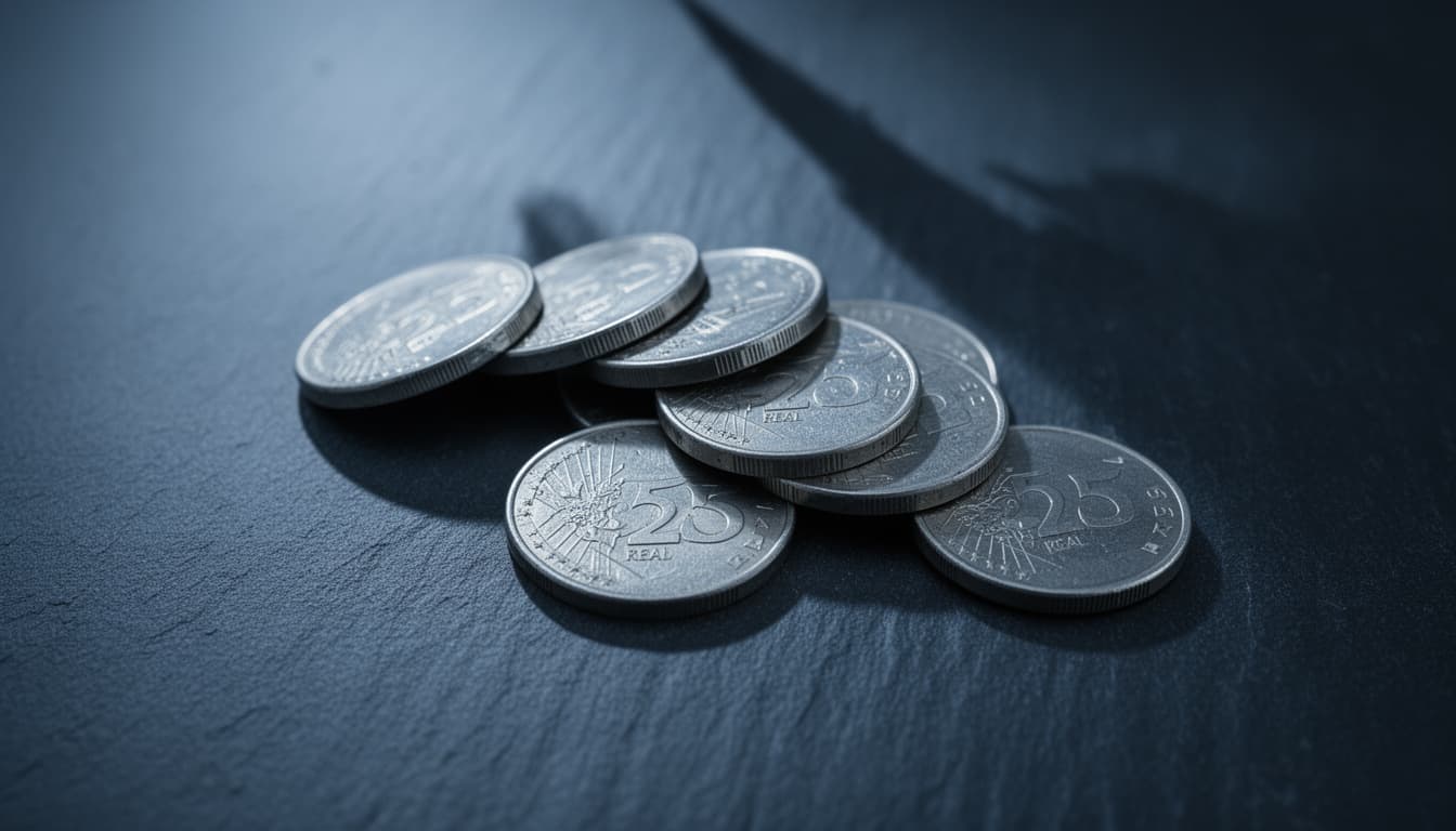 Moedas reais metallicas empilhadas de forma instavel sobre uma superficie escura, simbolizando volatilidade e risco financeiro.