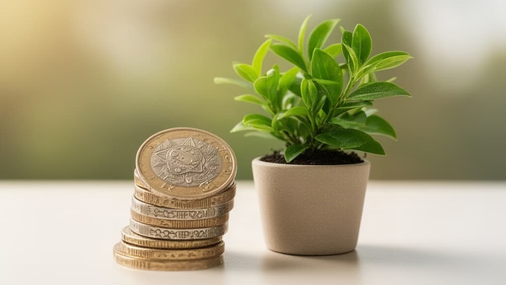 Pilha de moedas brasileiras ao lado de uma pequena planta verde, simbolizando crescimento e segurança financeira, com fundo desfocado.