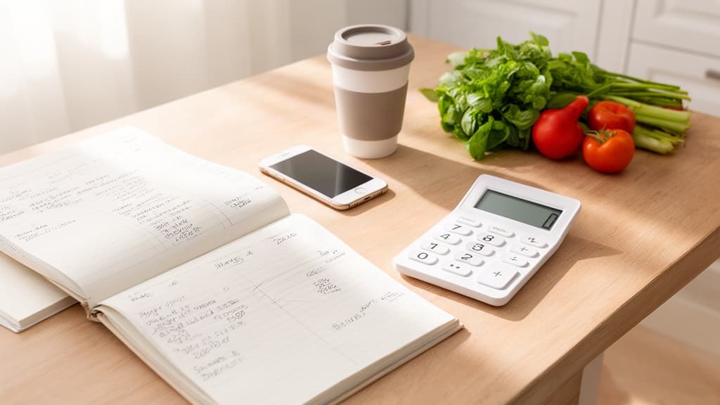 Mesa de cozinha organizada com cadernos de anotações, calculadora e itens do cotidiano, simbolizando controle financeiro e organização do orçamento familiar.
