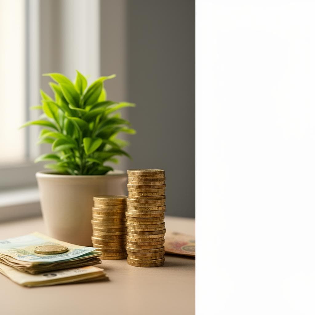 Pilha de moedas e notas de real ao lado de um pequeno vaso de planta verde sobre uma superfície neutra, simbolizando crescimento financeiro gradual.