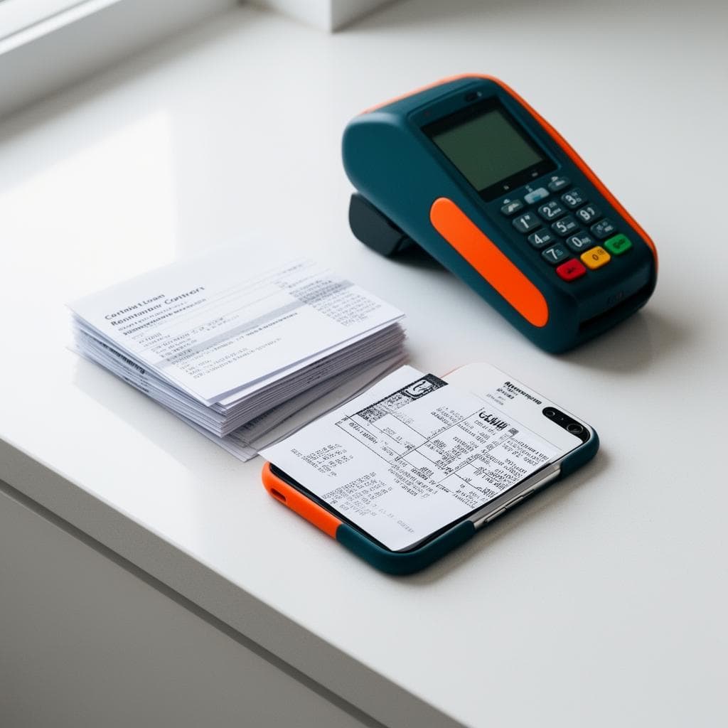 Celular e terminal de cartão sobre bancada branca ao lado de documentos de contrato, em composição minimalista com detalhes vibrantes.