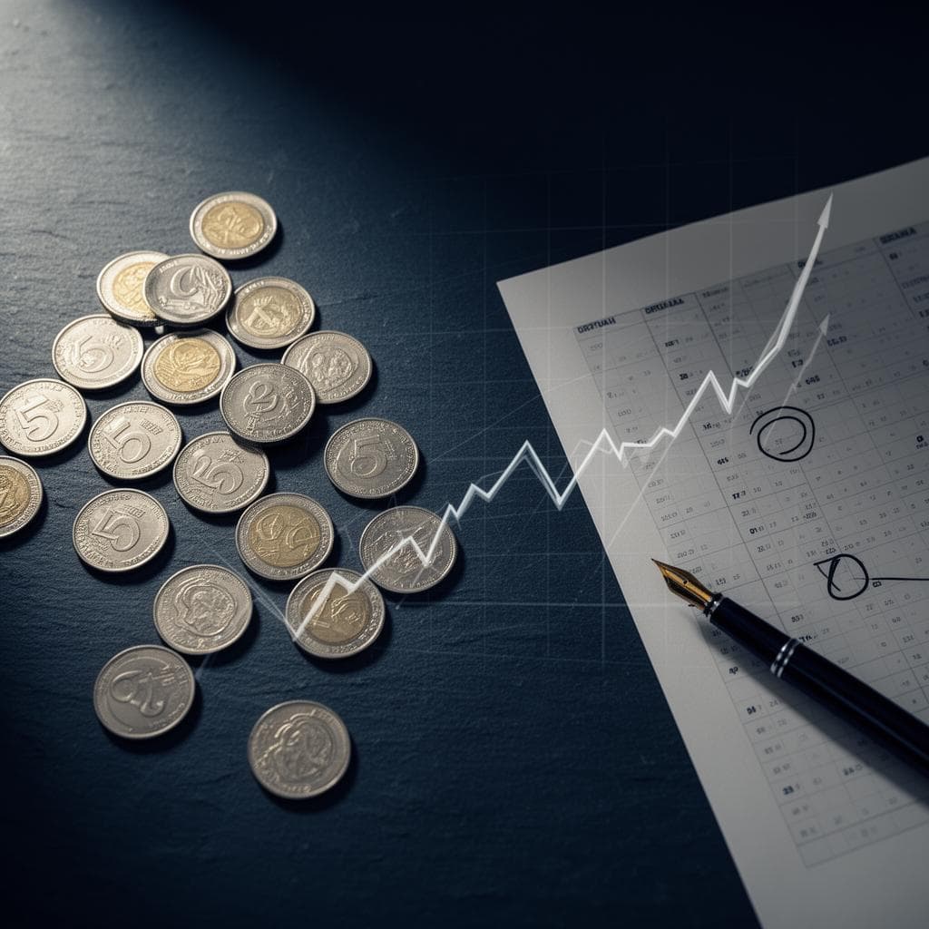 Moedas brasileiras espalhadas sobre uma mesa escura ao lado de um calendário impresso e gráficos translúcidos sugerindo oscilação dos juros